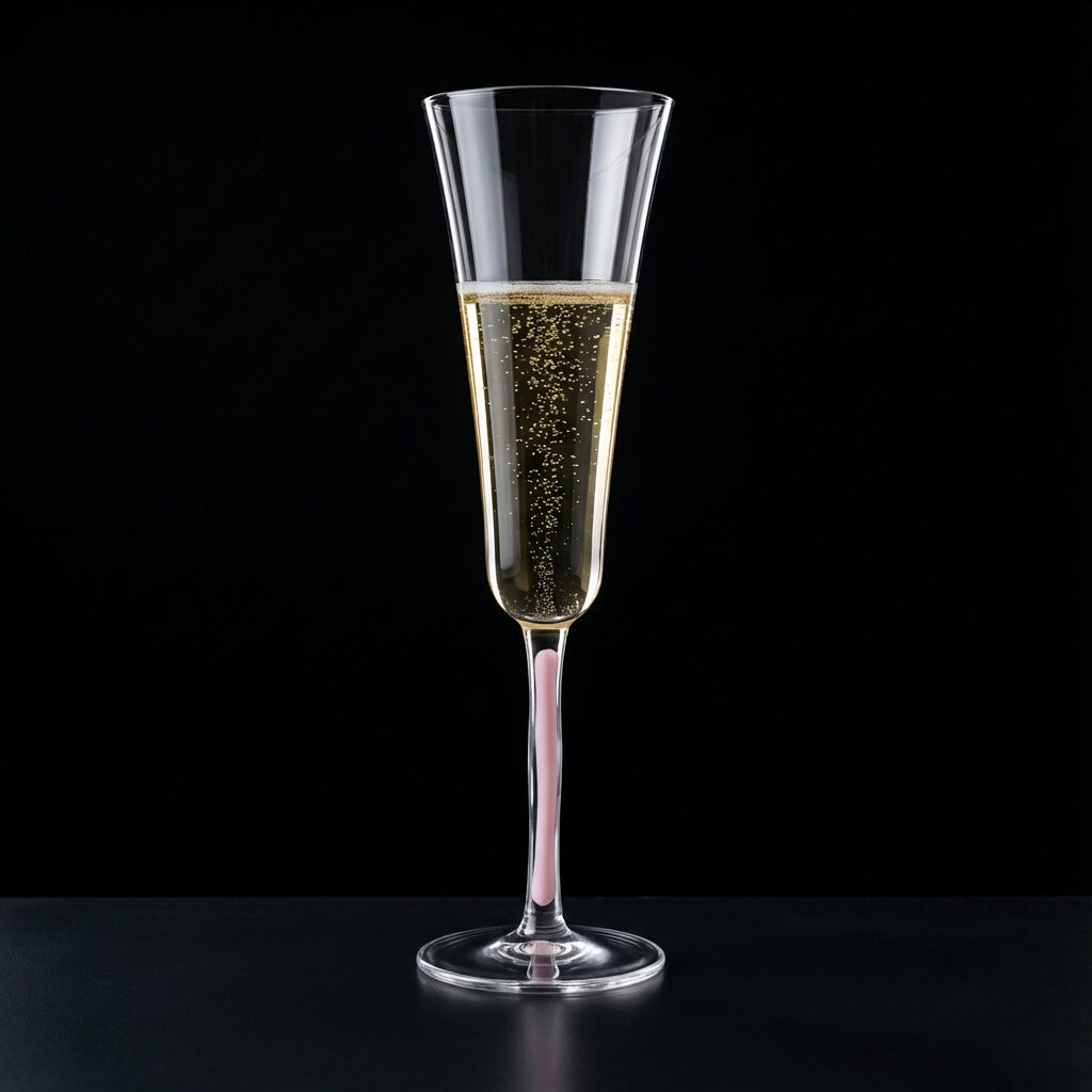 Champagnerglas Flöte mit Stielfarbe Rosa auf schwarzem Hintergrund