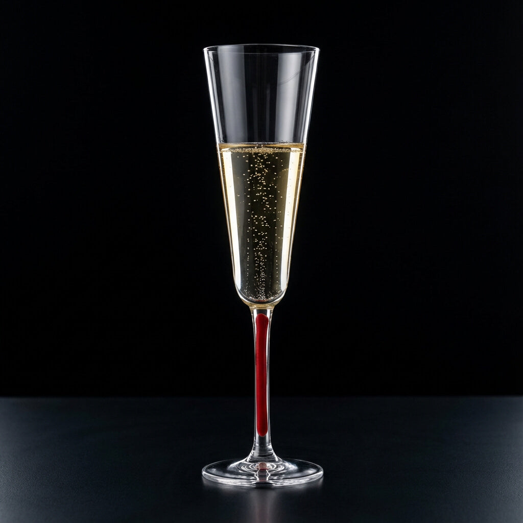 Champagnerglas Flöte mit Stielfarbe Rot auf schwarzem Hintergrund