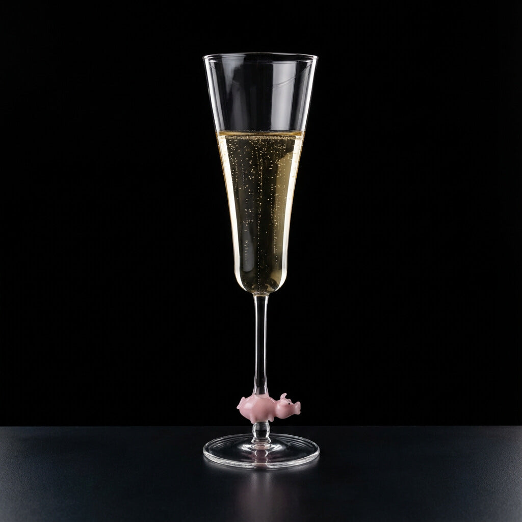 Champagner Flöte Special mit Schwein im Stiel auf schwarzem Hintergrund