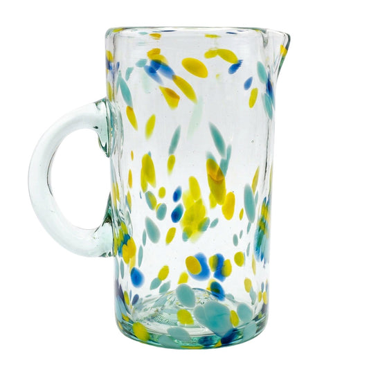 Lafiore Pitcher Confetti Gelb-Türkis, mundgeblasener Krug aus recyceltem Glas, Mallorca