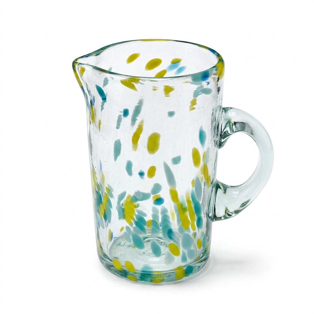 Lafiore Pitcher Confetti Gelb-Türkis, mundgeblasener Krug aus recyceltem Glas, Mallorca