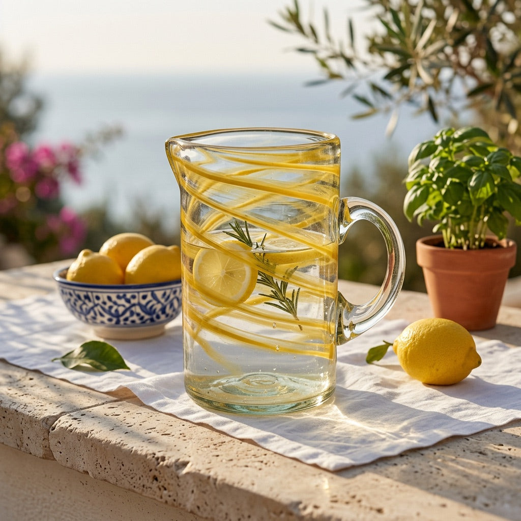 Mundgeblasener Lafiore Krug aus recyceltem Glas mit gelben Spiralfäden, auf einer mediterranen Steinterrasse mit Zitronen und Basilikum