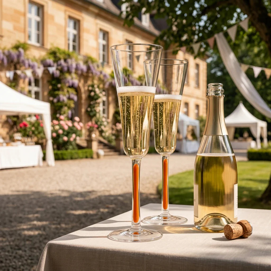 Zwei gefüllte Champagnergläsern in Tulpenform mit je goldenen und rosefarbigen Stiel