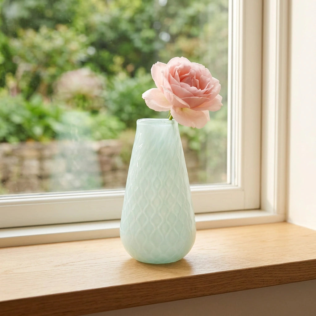 Diamond Vase – Large – mit rosa Blüte auf einer Holzfensterbank