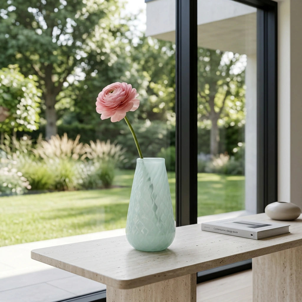 Diamond Vase – Large – auf einer Steinkonsole am Gartenfenster