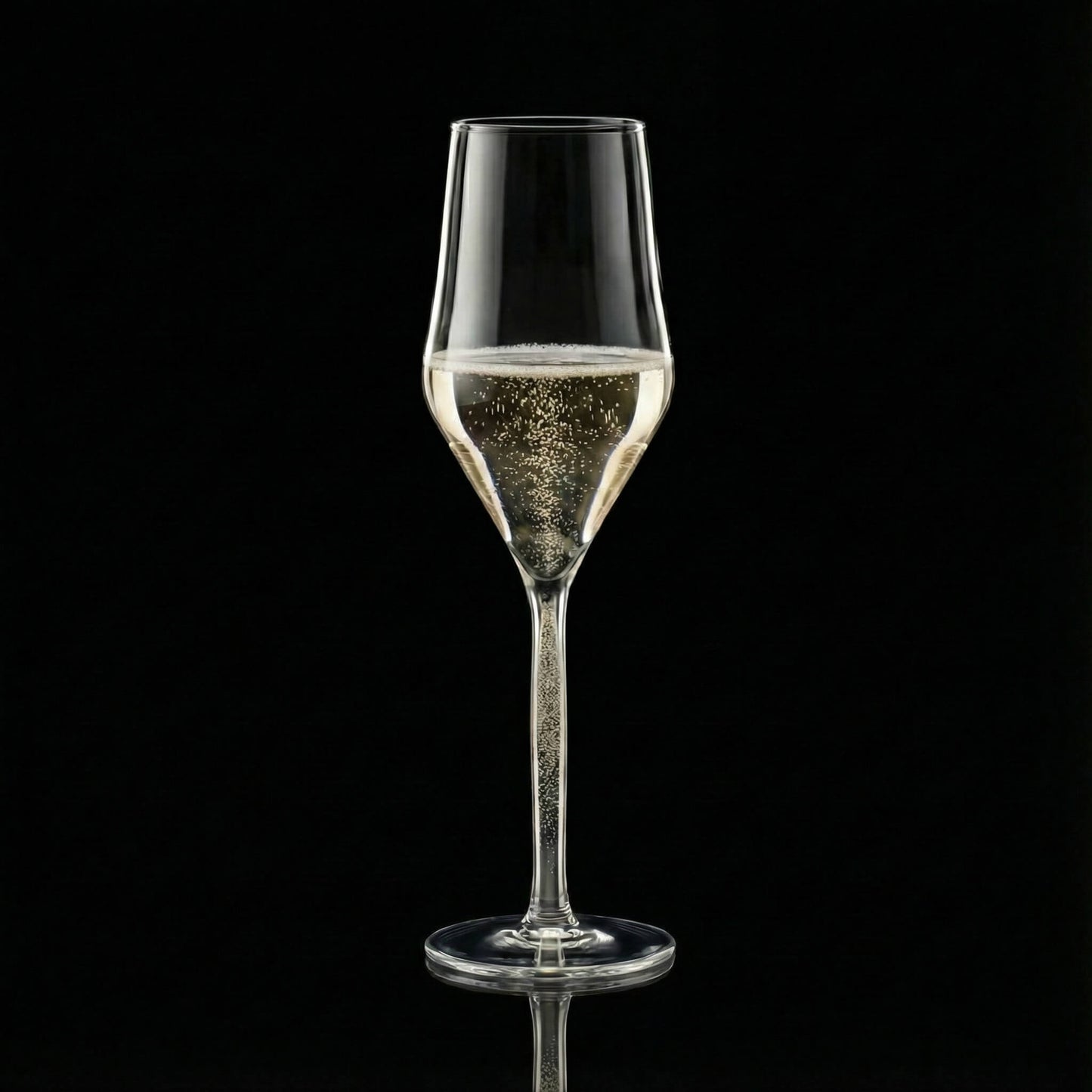casa vitri gefülltes Champagnerglas Tulpe mit champagnerfarbigem Stiel auf schwarzem Hintergrund
