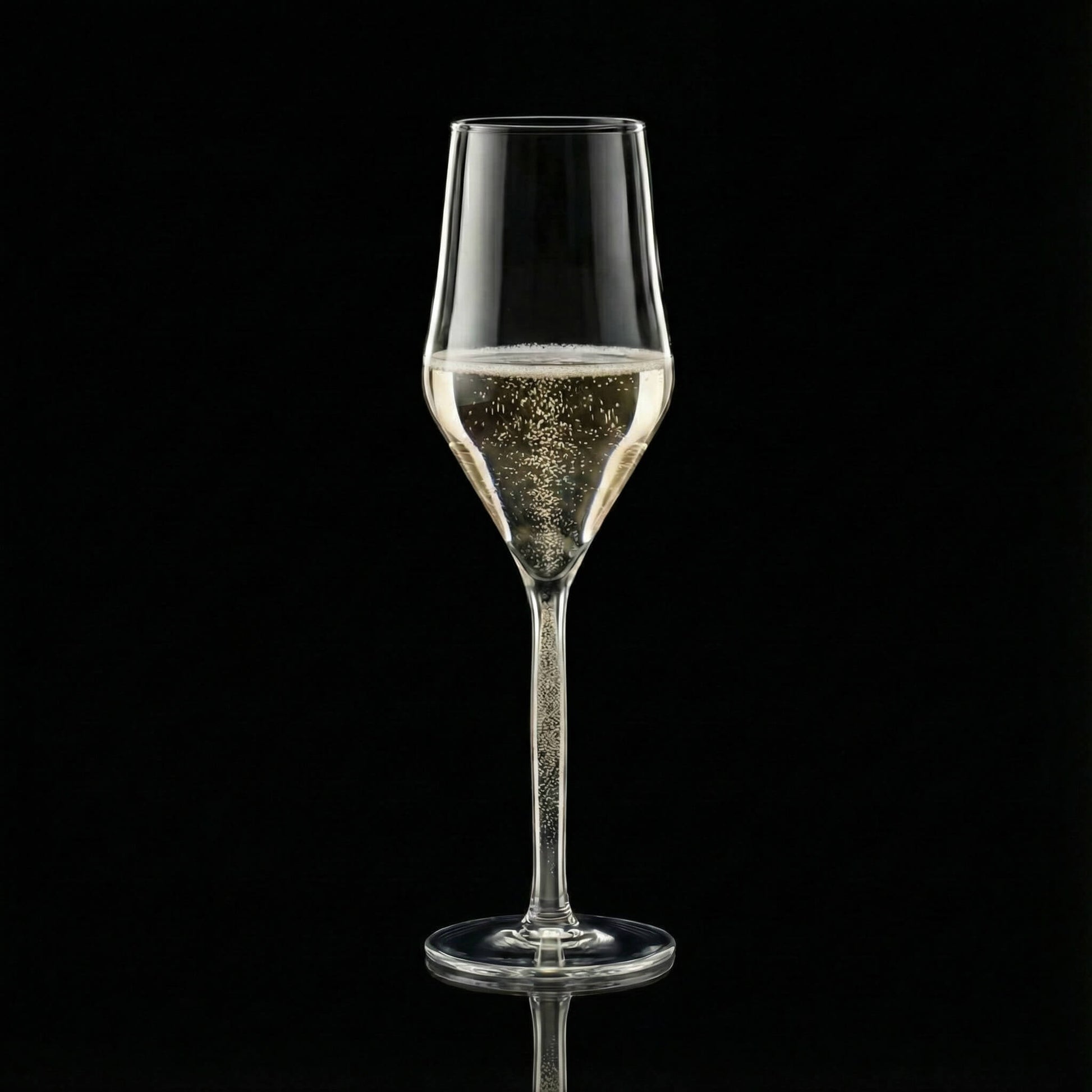 casa vitri gefülltes Champagnerglas Tulpe mit champagnerfarbigem Stiel auf schwarzem Hintergrund