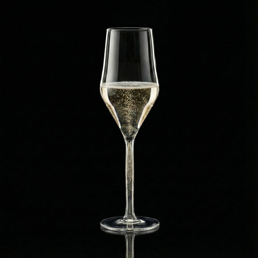 casa vitri gefülltes Champagnerglas Tulpe mit champagnerfarbigem Stiel auf schwarzem Hintergrund