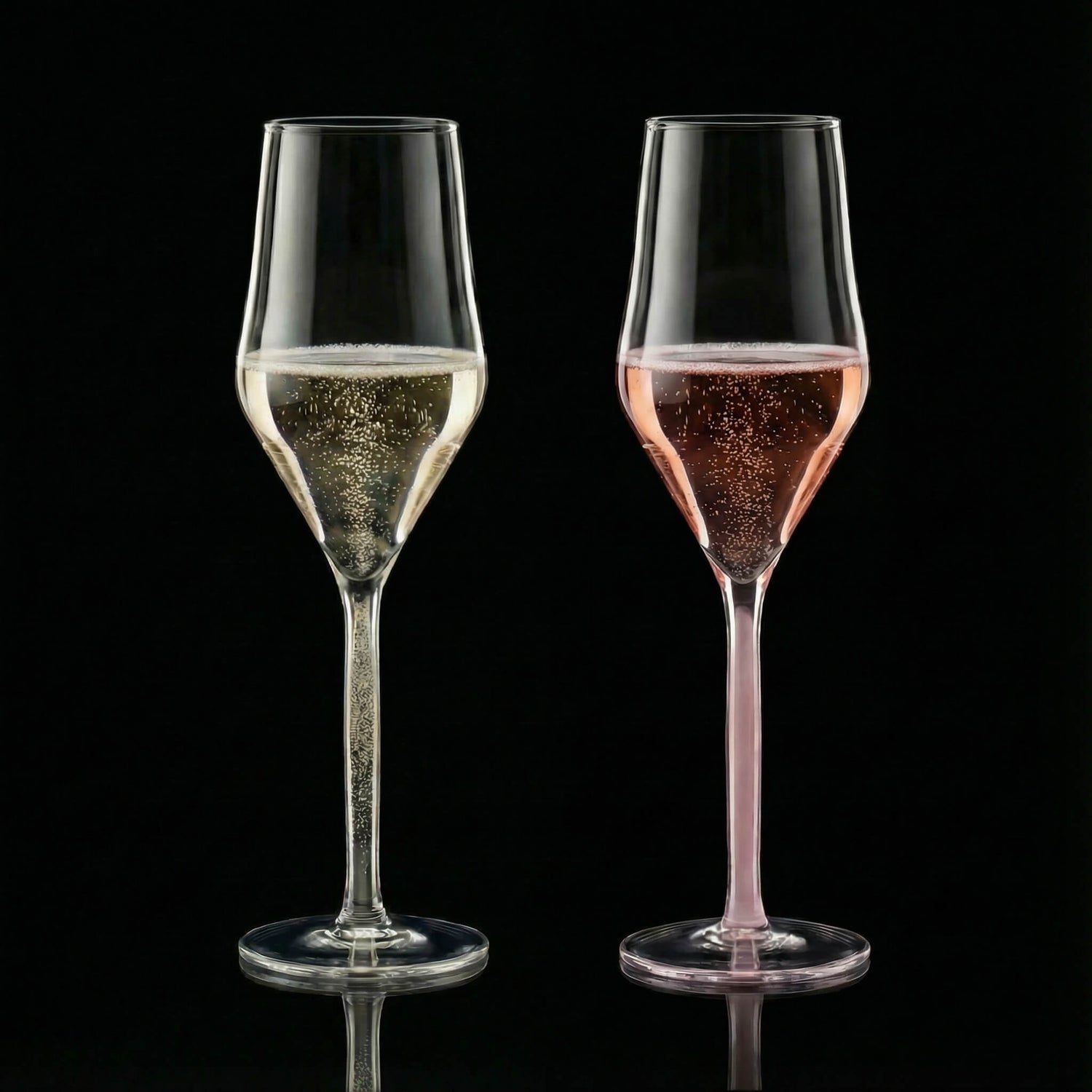 Zwei Champagner Gläser aus Handarbeit mit farbigen Stielen, passend zum Getränk