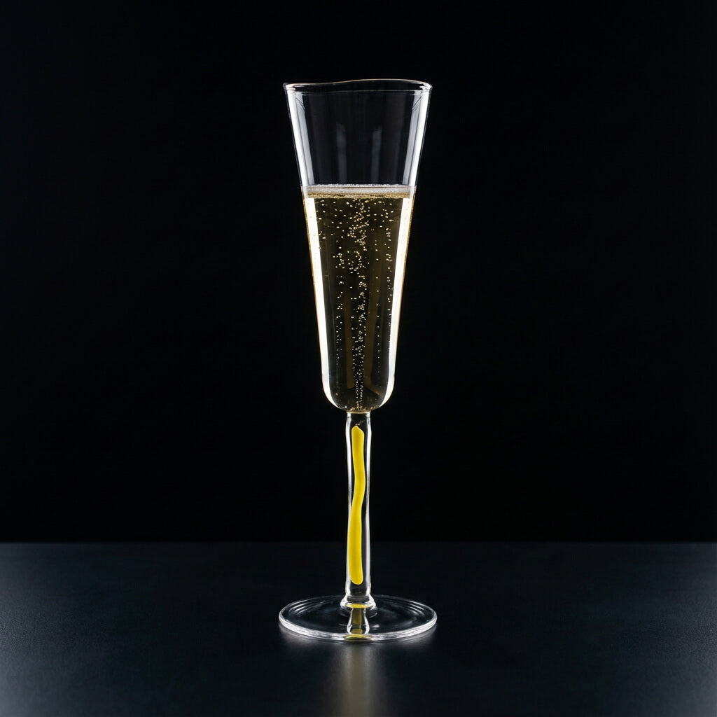 Champagnerglas Flöte mit Stielfarbe Gelb auf schwarzem Hintergrund