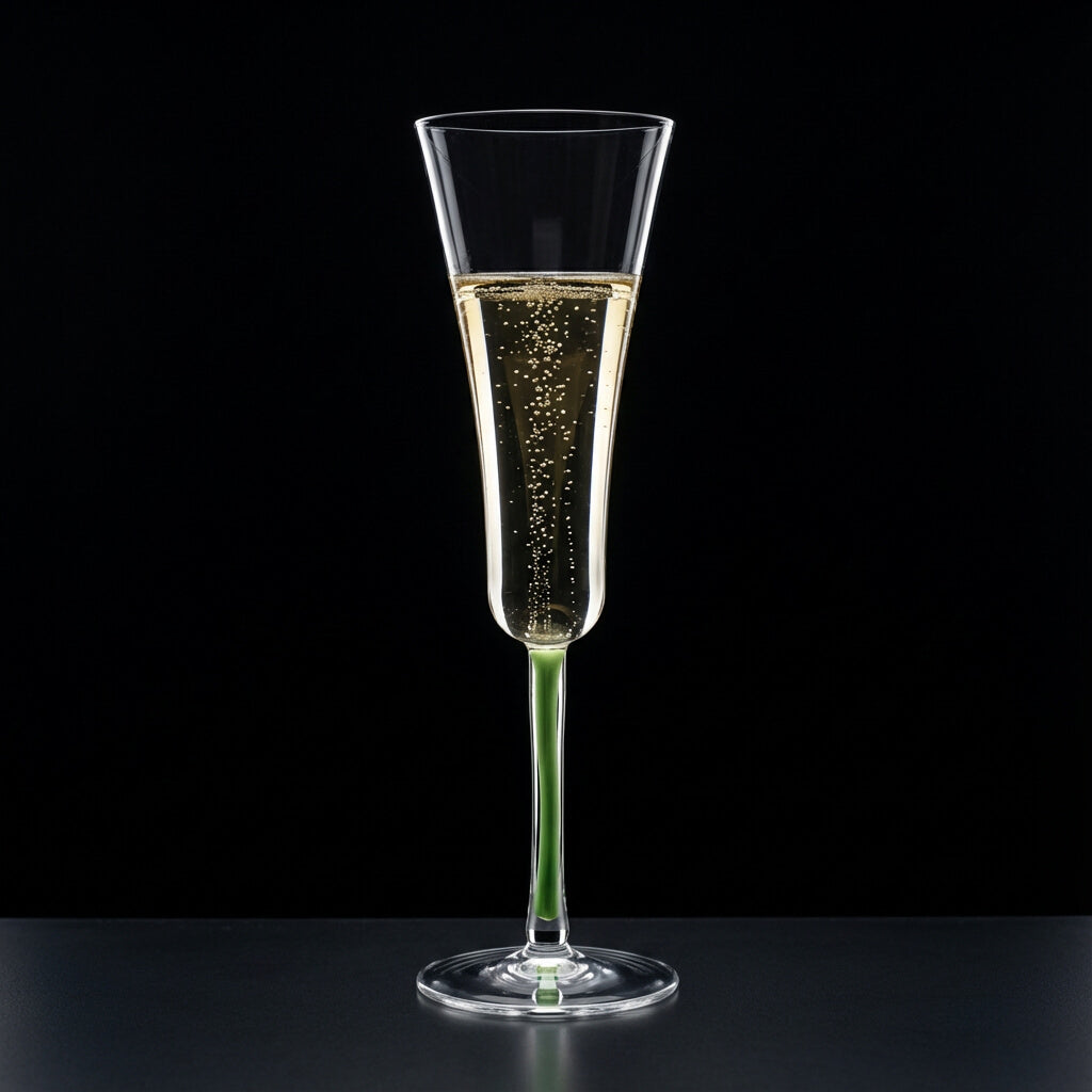 Champagnerglas Flöte mit Stielfarbe Grün auf schwarzem Hintergrund