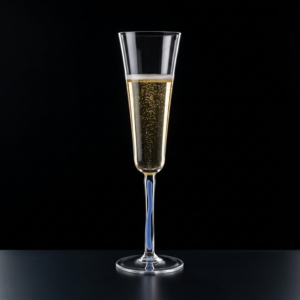 Champagnerglas Flöte mit Stielfarbe Hellblau auf schwarzem Hintergrund