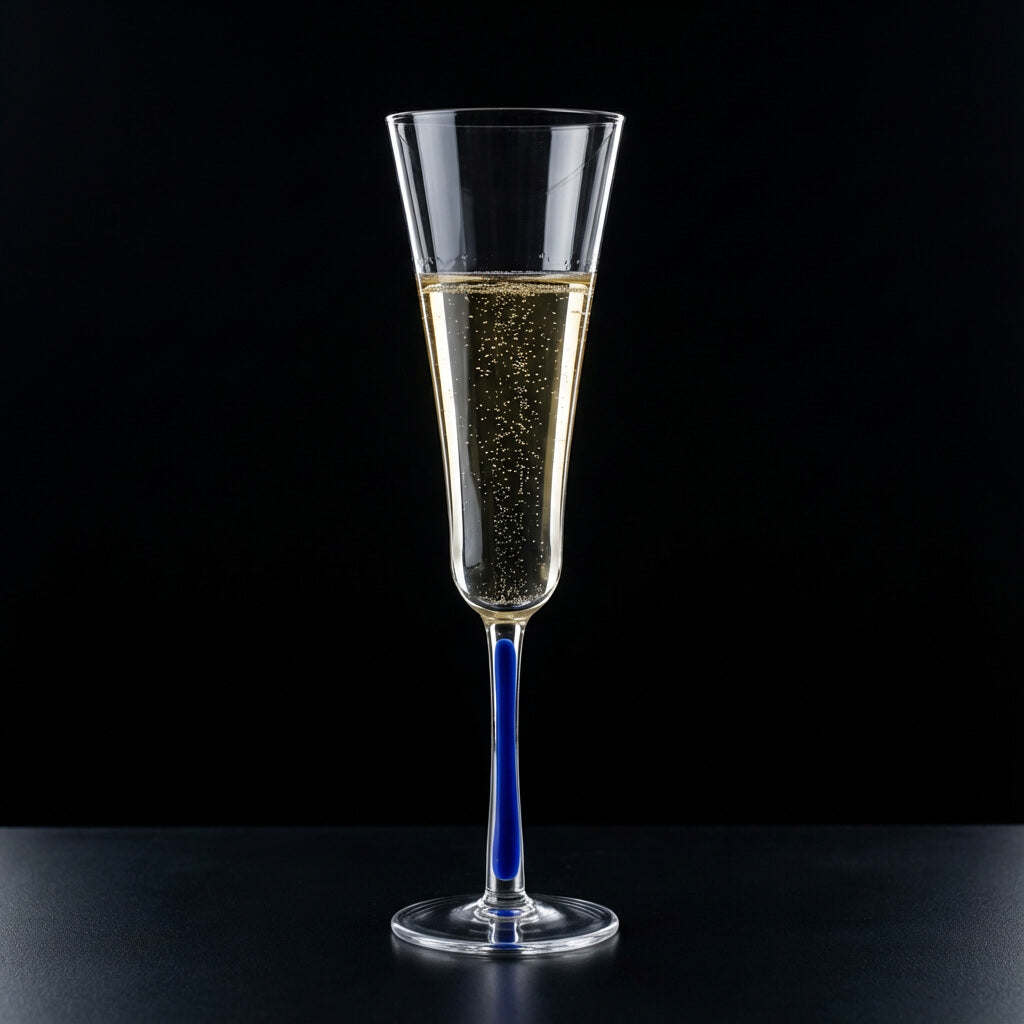 Champagnerglas Flöte mit Stielfarbe Marineblau auf schwarzem Hintergrund