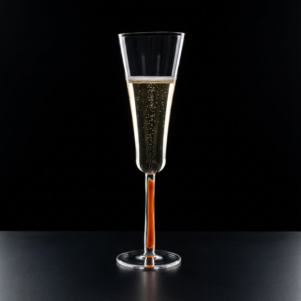 Champagnerglas Flöte mit Stielfarbe Orange auf schwarzem Hintergrund