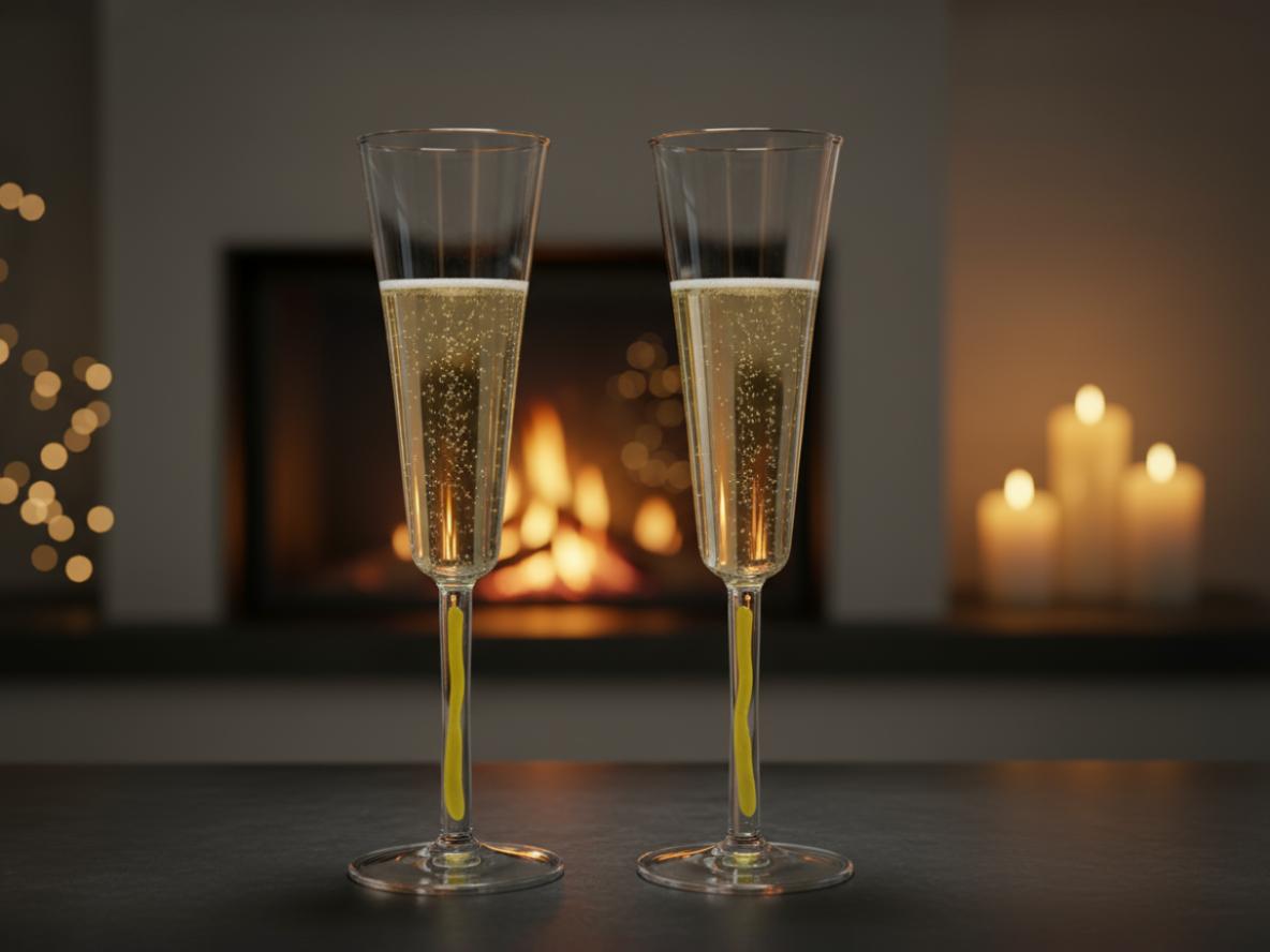 Zwei gefüllte Champagnergläser mit gelbem Stiel vor einem Kamin