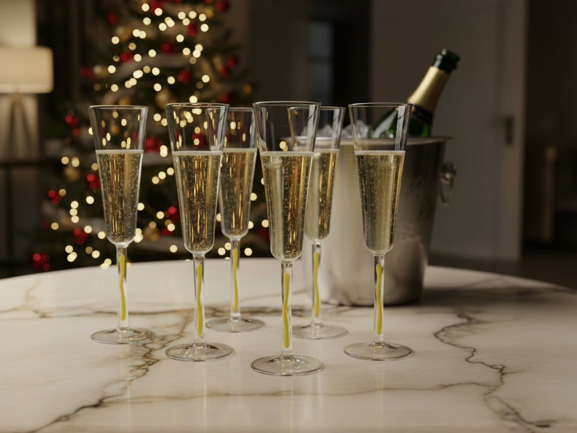 Sechs gefüllte Champagner Flöten mit gelbem Stiel stehen auf einem Marmortisch vor einem Weihnachtsbaum