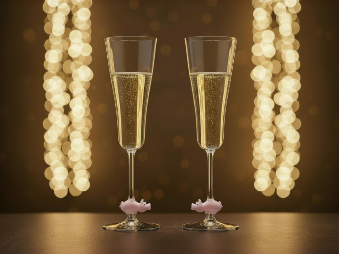 Zwei gefüllte Champagnerflöten mit Schwein im Stiel vor einem festlichen Hintergrund