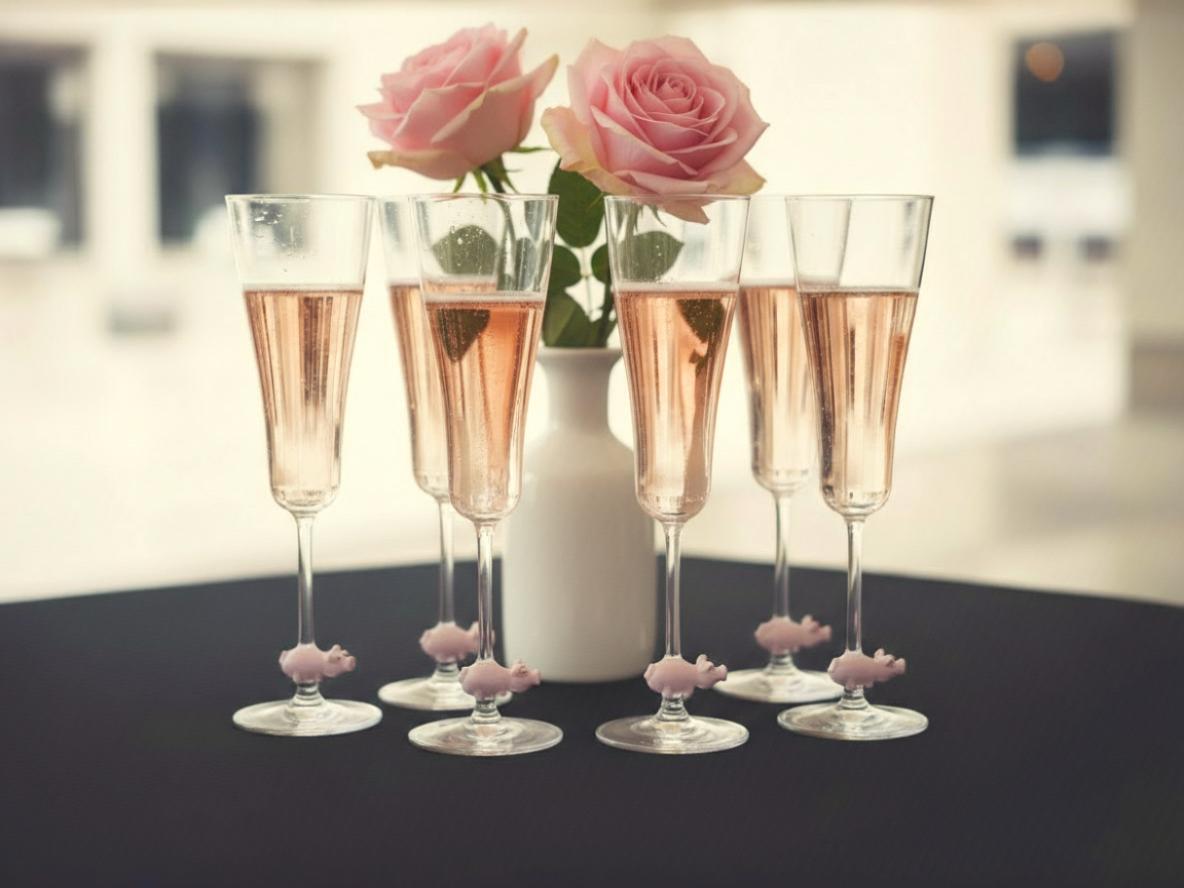 6er Set gefüllter Champagnerflöten mit Schwein im Stiel auf einem schwarzen Tisch mit Rosen