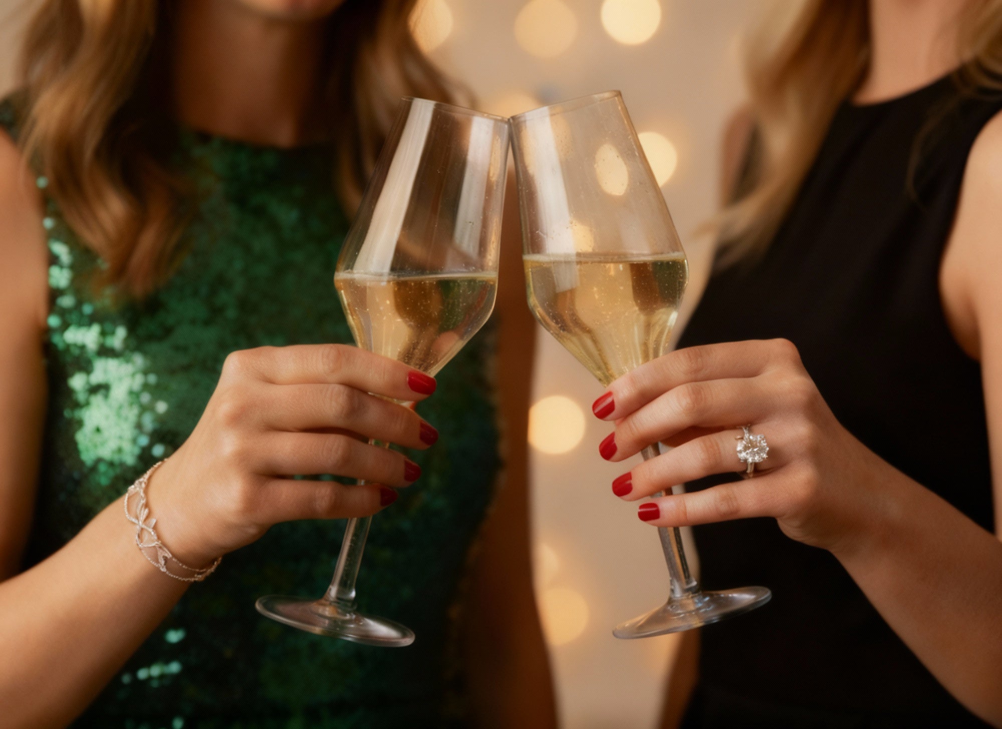 Zwei Damen stossen mit Champagnergläser in Tulpenform an