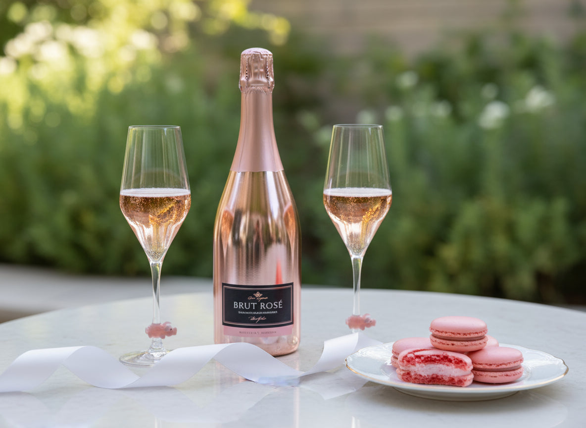 2 Champagnergläser in Tulpenform mit Schwein im Stiel stehen neben Flasche Champagner und Macarons