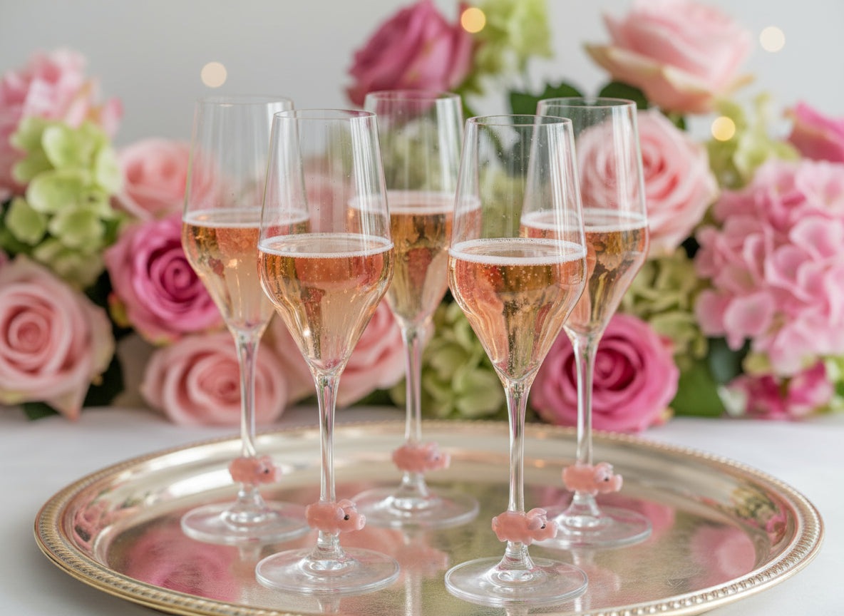 5er Gruppe gefüllte Champagnergläser mit Schwein im Stiel auf einem Tablett 