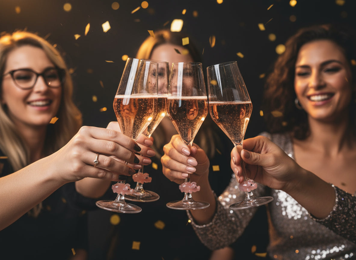 Vier Frauen stossen feierlich mit Champagnergläsern in Tulpenform inklusive Schwein im Stiel an