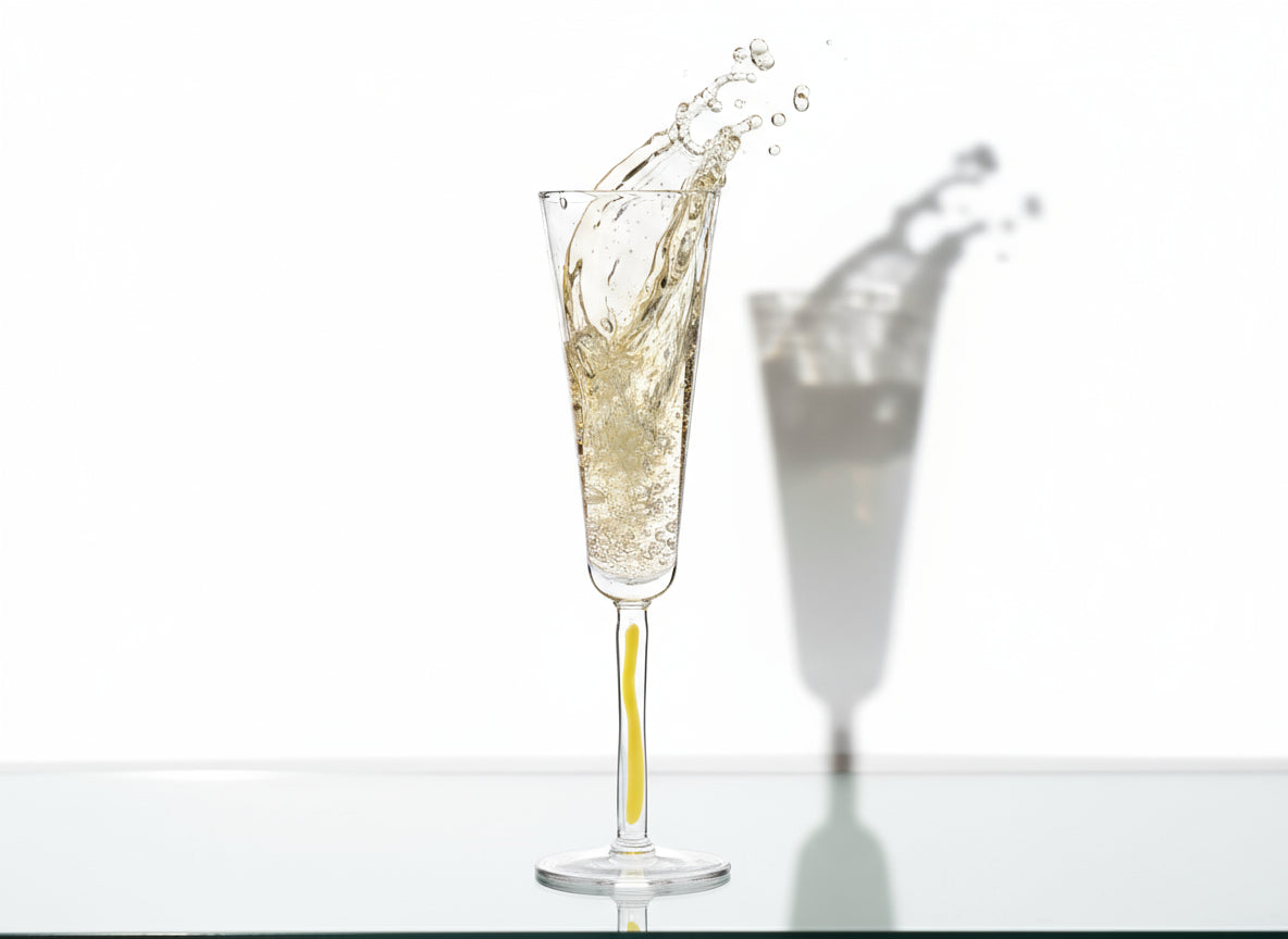 Champagnerglas Flöte mit gelbem Stiel aus welchem Champagner schwappt