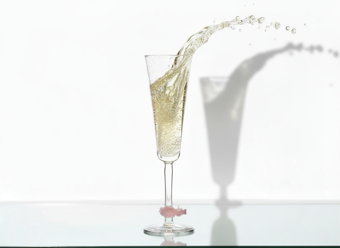 Champagnerflöte mit Schwein im Steil aus dem Champagner schwappt