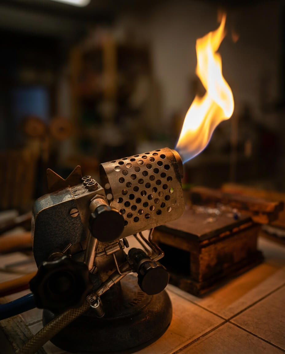 Der Brenner eines Glasbläsers mit offener Flamme