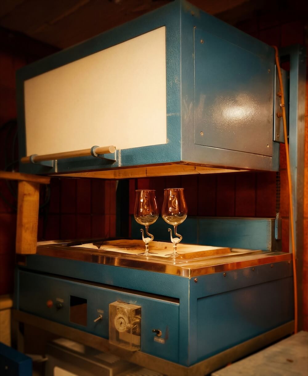 Zwei Flamingo Weingläser stehen im Ofen der Glasbläserei