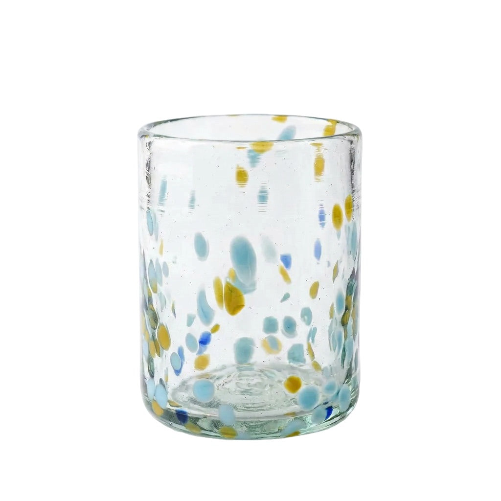 Lafiore Classic Tumbler Confetti Gelb-Türkis, mundgeblasenes Trinkglas aus recyceltem Glas, Mallorca
