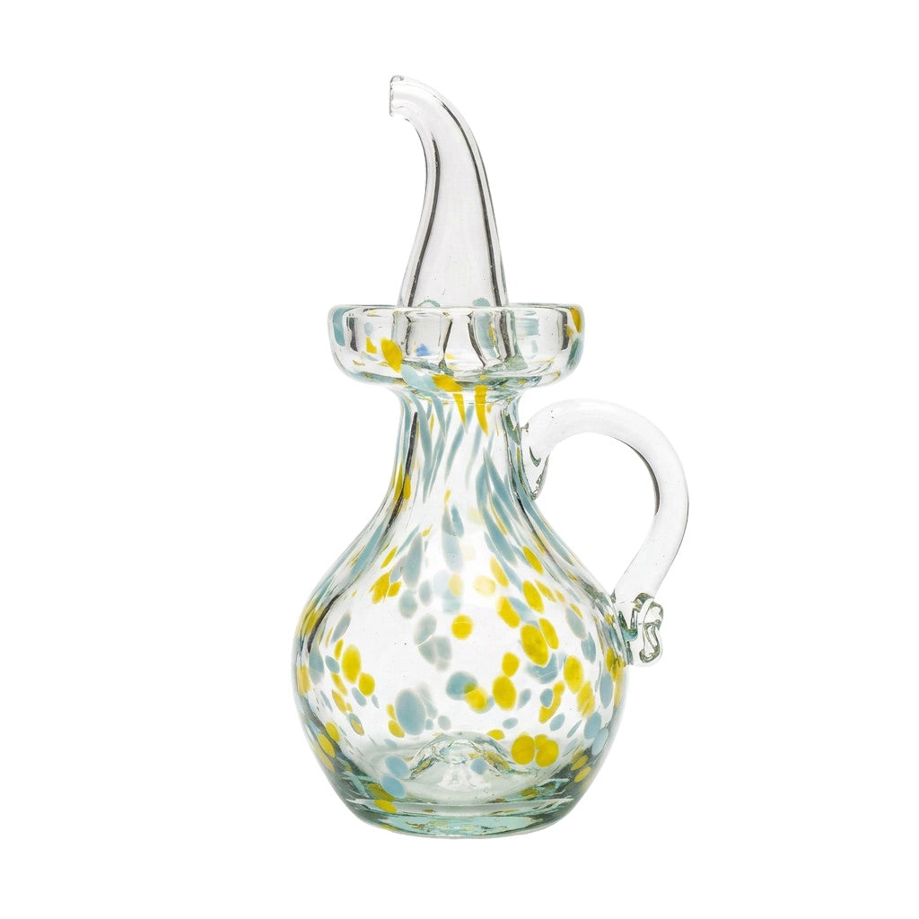 Lafiore Ölflasche Confetti Gelb-Türkis, mundgeblasen aus recyceltem Glas, Mallorca
