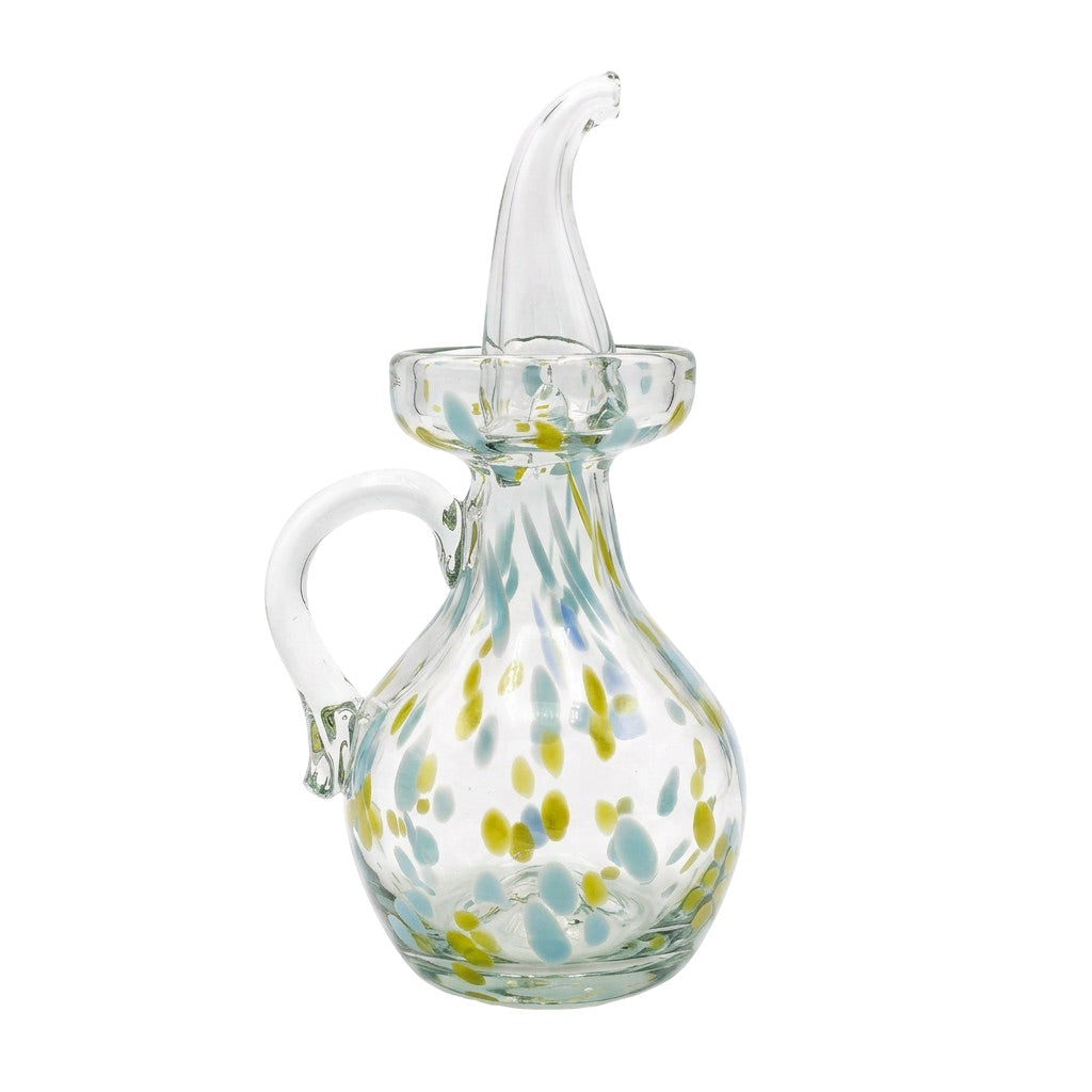 Lafiore Ölflasche Confetti Gelb-Türkis, mundgeblasen aus recyceltem Glas, Mallorca