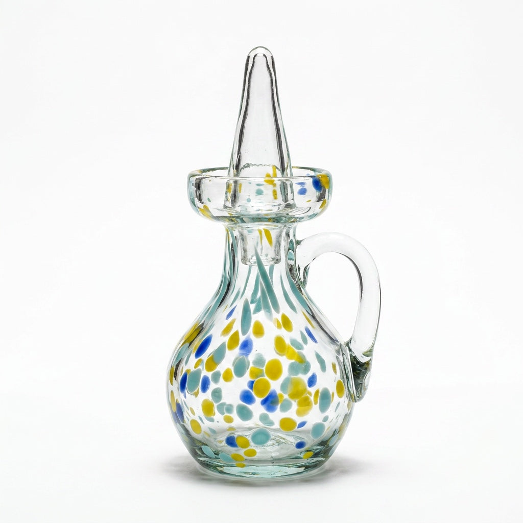 Lafiore Ölflasche Confetti Gelb-Türkis, mundgeblasen aus recyceltem Glas, Mallorca