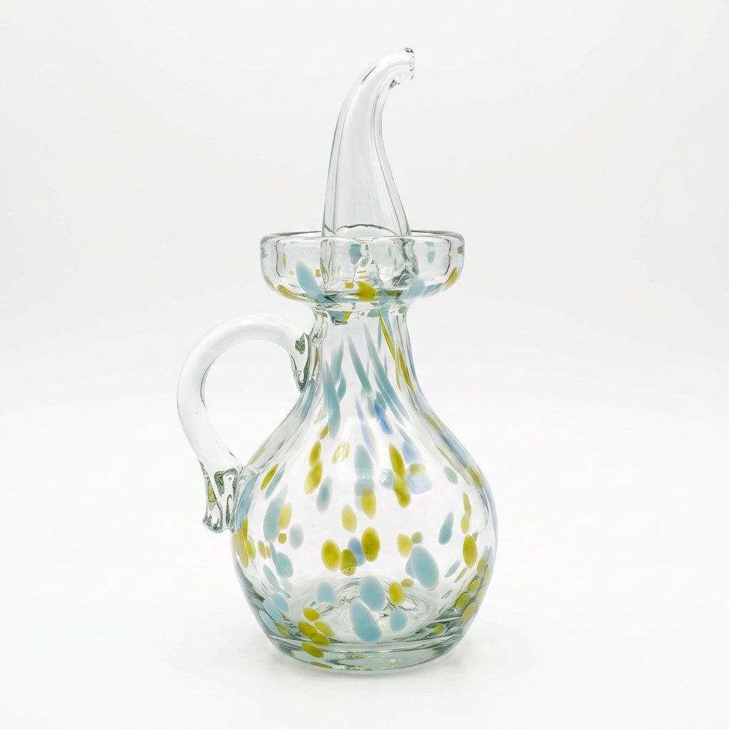 Lafiore Ölflasche Confetti Gelb-Türkis, mundgeblasen aus recyceltem Glas, Mallorca
