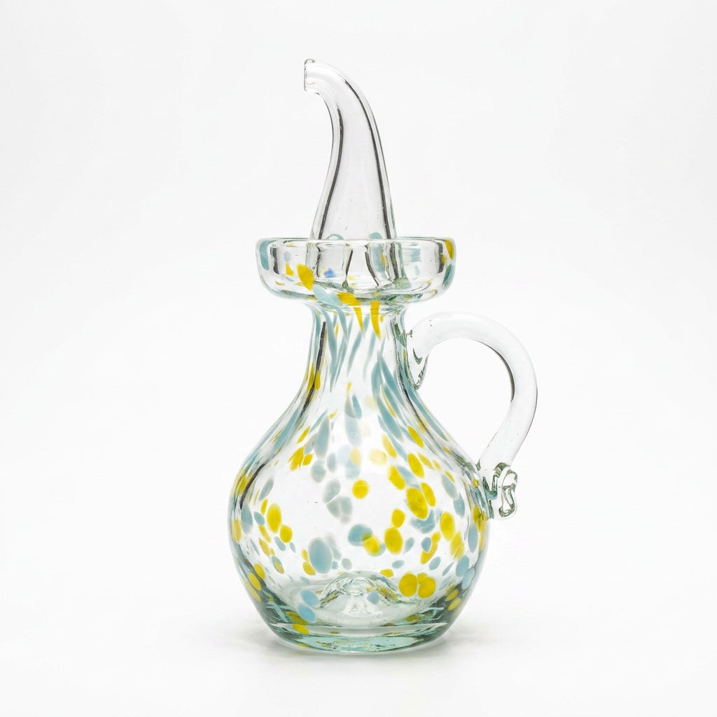 Lafiore Ölflasche Confetti Gelb-Türkis, mundgeblasen aus recyceltem Glas, Mallorca