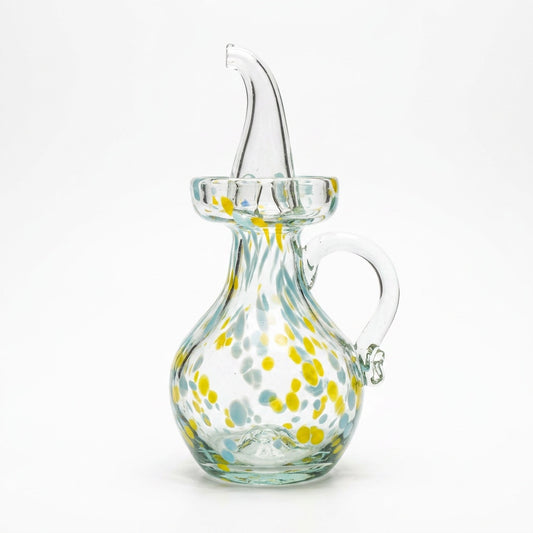 Lafiore Ölflasche Confetti Gelb-Türkis, mundgeblasen aus recyceltem Glas, Mallorca