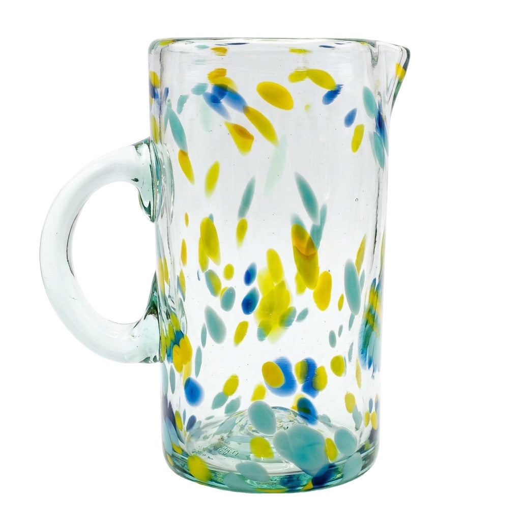 Lafiore Pitcher Confetti Gelb-Türkis, mundgeblasener Krug aus recyceltem Glas, Mallorca