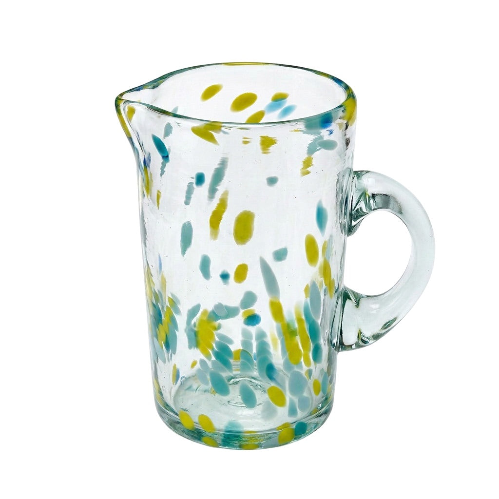 Lafiore Pitcher Confetti Gelb-Türkis, mundgeblasener Krug aus recyceltem Glas, Mallorca