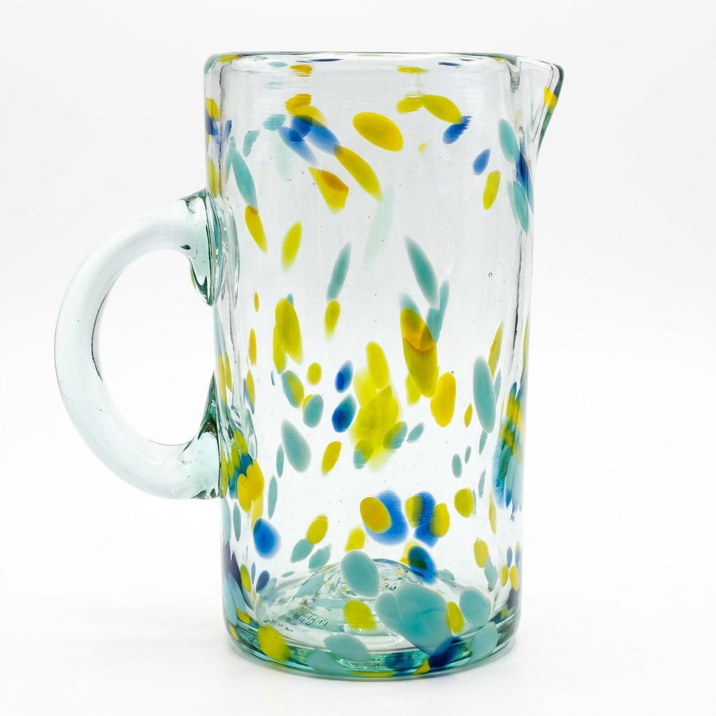 Lafiore Pitcher Confetti Gelb-Türkis, mundgeblasener Krug aus recyceltem Glas, Mallorca