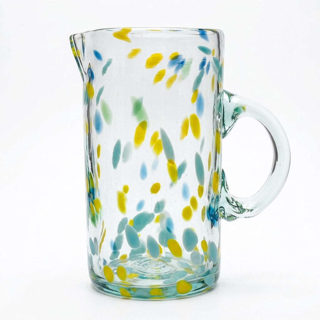 Lafiore Pitcher Confetti Gelb-Türkis, mundgeblasener Krug aus recyceltem Glas, Mallorca