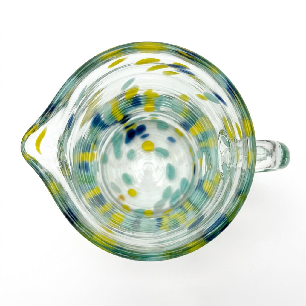 Lafiore Pitcher Confetti Gelb-Türkis, mundgeblasener Krug aus recyceltem Glas, Mallorca