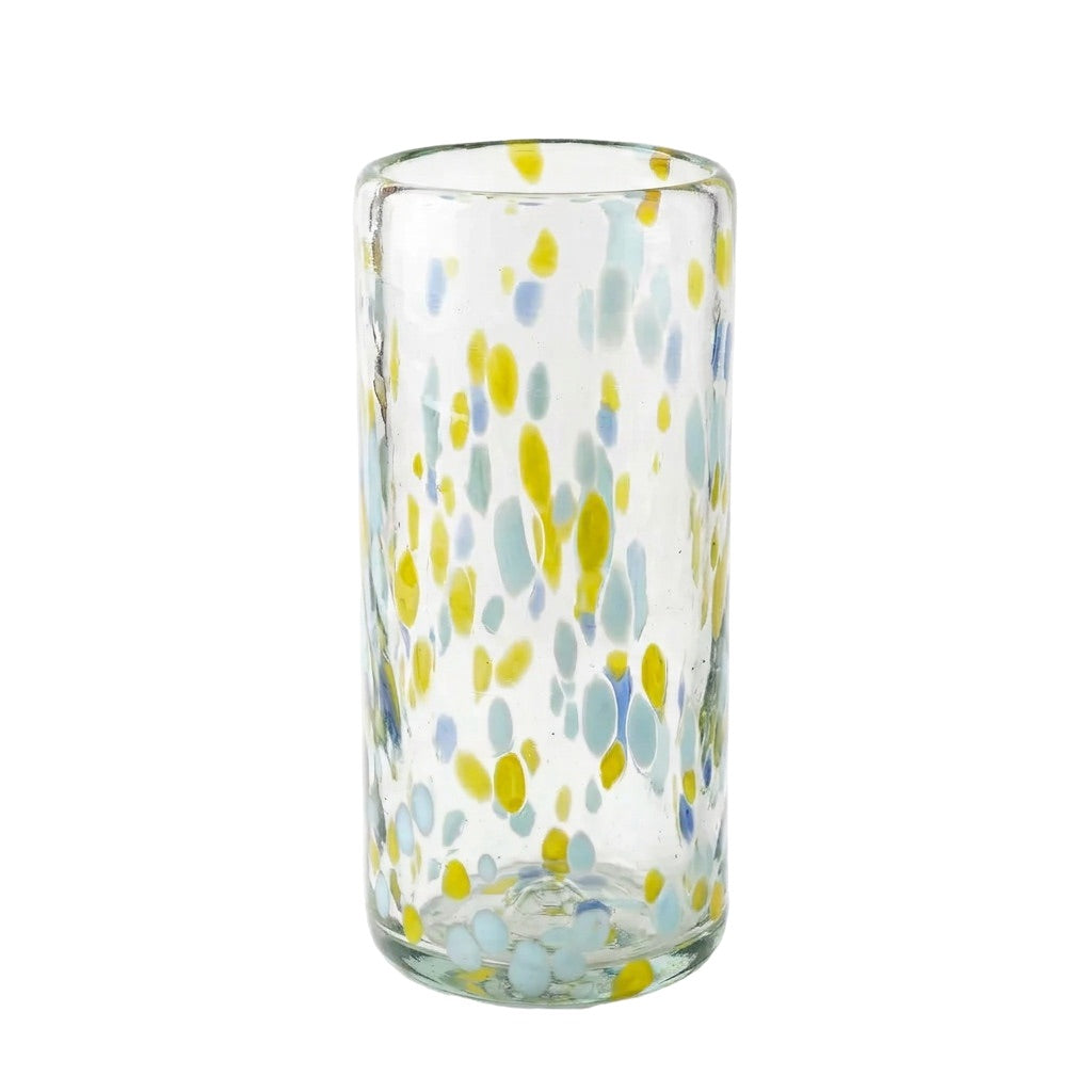 Lafiore Tube Tumbler Confetti Gelb-Türkis, mundgeblasenes Trinkglas aus recyceltem Glas, Mallorca