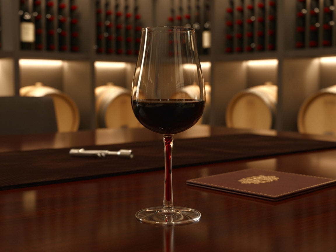 Gefülltest Rotweinglas steht auf Holztisch im Weinkeller