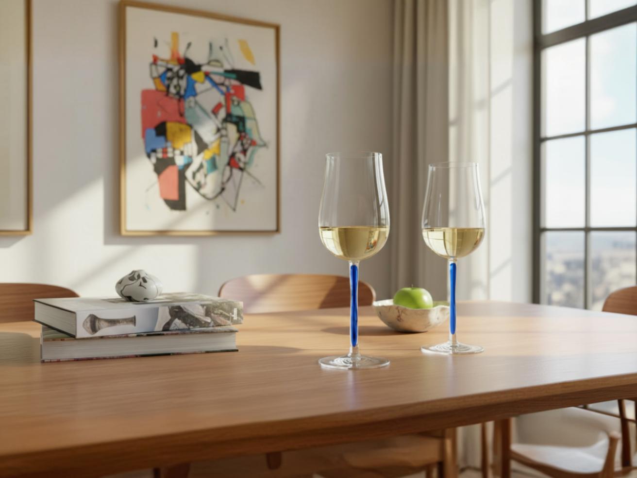 Zwei Universal Weingläser mit blauen Stiel stehen auf einem Holz Esstisch