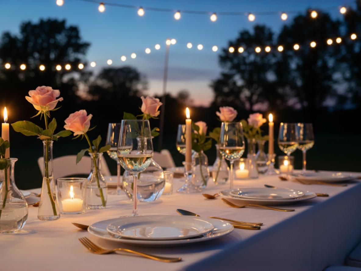 Feierlich gedeckter Tisch im Garten bei Sonnenuntergang mit edlen Weingläsern mit rosa Stiel