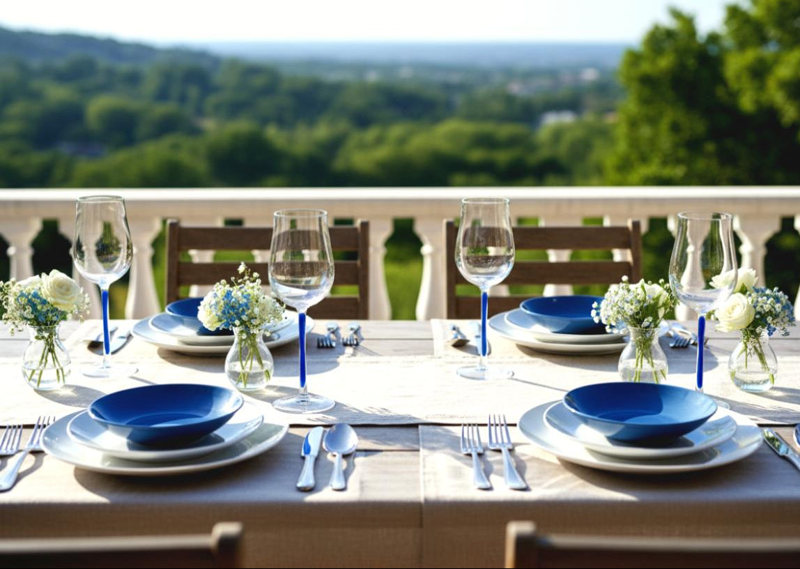 Sommerlich gedeckter Tisch inklusive Universal Weingläsern mit blauen Stielen mit Aussicht auf grüne Wälder