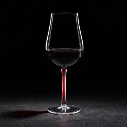 Rotweinglas gefüllt mit rotem Stiel vor schwarzem Hintergrund