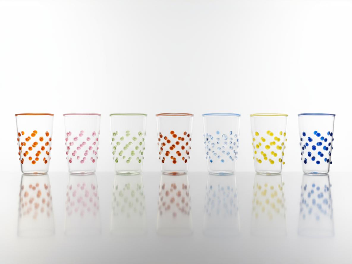 Wassergläser mit farbigen Punkten in einer 7er Reihe nebeneinander vor weissem Hintergrund