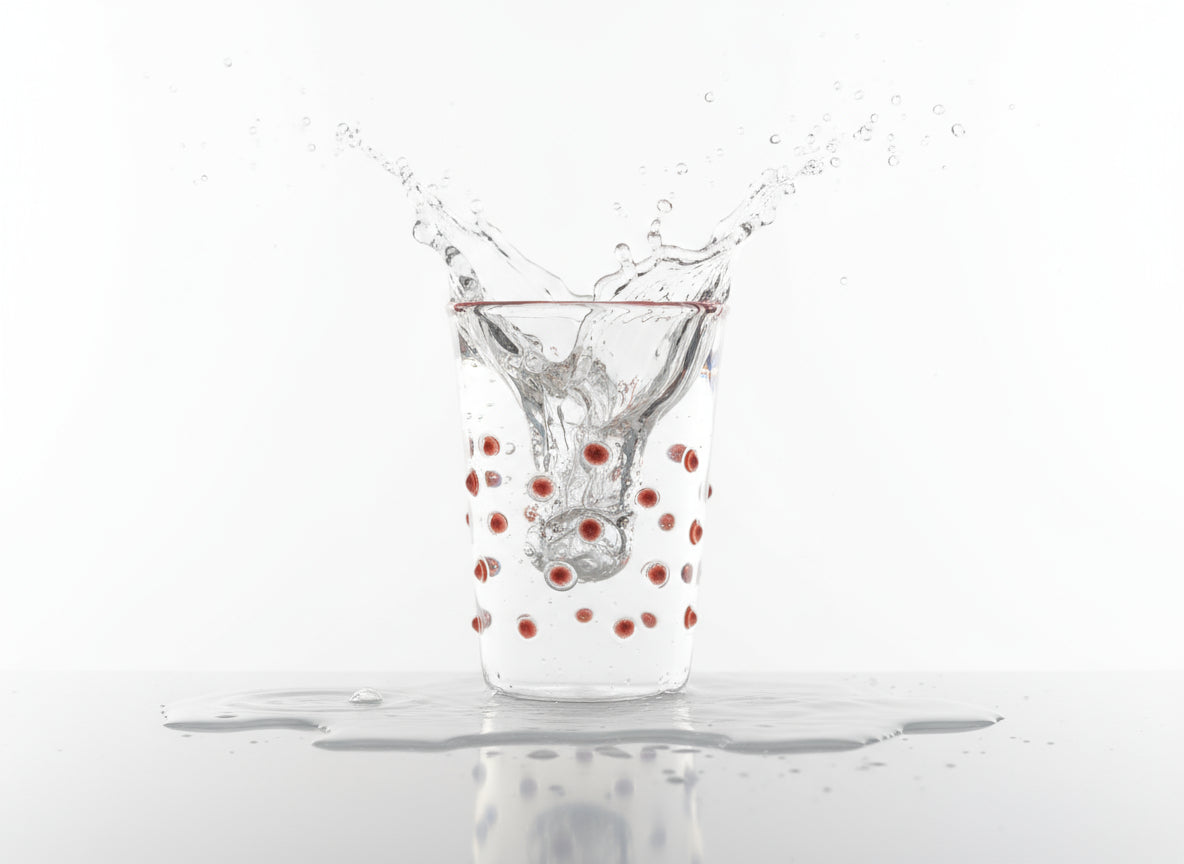 Wasserglas etwas gefüllt aus welchem Wasser raus spritzt